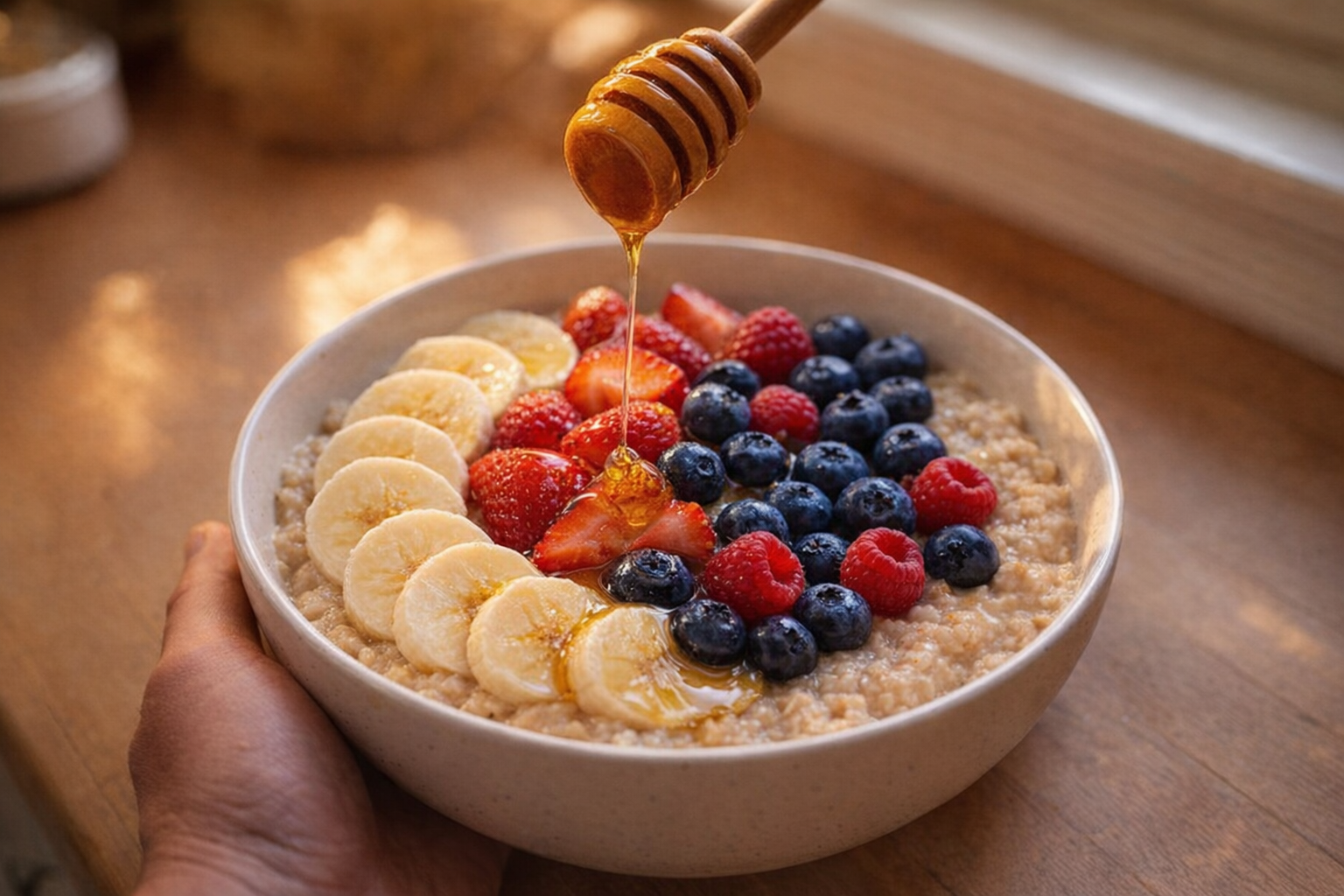 A top-down shot of a bowl of creamy oatmeal topped with fresh berries, sliced bananas, and a drizzle of honey, warm morning light